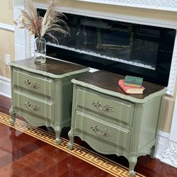 vintage French Provincial nightstands are refinished with a green-painted body and stained wood top