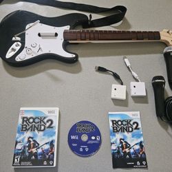 Wii Rock Band Fender Stratocaster Guitar, Drum Set, Accessories, Game