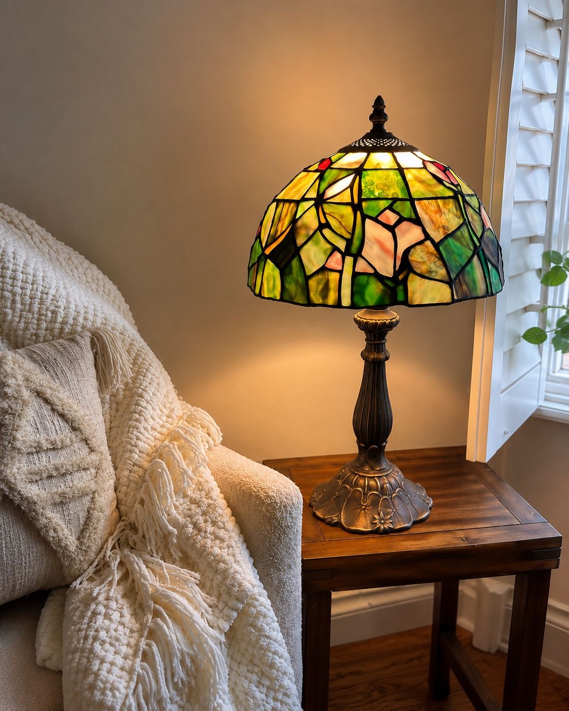 Vintage Tiffany Style Stain Leaded Glass Lamp Retro Table Desk Bookshelf Nightstand Decor 18” Tall