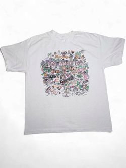 Vintage 90s Los Angeles City Map T-Shirt XL Souvenir Tourist Tee Single Stitch Hollywood LAX Universal Studios Queen Mary 🔥 White cotton tee. Front