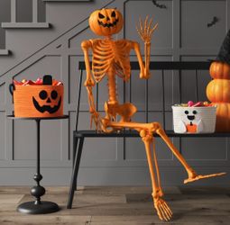 5ft Orange Posable Skeleton w/Pumpkin Head Decoration