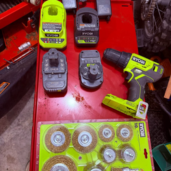 Ryobi ONE+ Drill Kit – 2 Batteries, 2 Chargers + NEW Wire Wheels