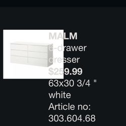 63” WHITE MALM IKEA DRESSER