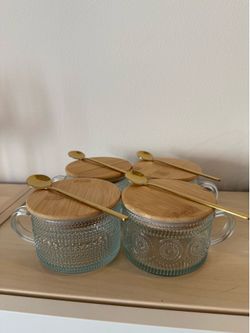 Vintage Coffee Mugs, Overnight Oats Containers with Bamboo Lids and Spoons - 14oz