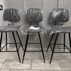 NEW Set of 3 gray Leather BarStools Counter Height 29” with High Backrest with Heavy Duty Metal Base