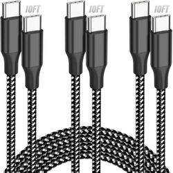 USB C to USB C Cable, 3 Pack 10FT 60W Type C Nylon Braided Charger Cord Fast Charging for iPhone 17 16 15 Series iPad MacBook CarPlay and More (Black)