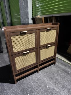 Rattan Front 4-Door Shoe Cabinet with Shelves - Brown -