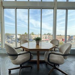 Vintage Traditional Midcentury Modern Minimalist Brown Wood Dinning Table Chairs