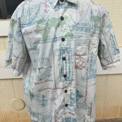 PreOwned Kahala White/Green Full Button Hawaiian Print Men's Large