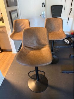 Set of 3 Modern Adjustable Swivel Bar Stools - Distressed Brown & Matte Black