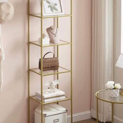 Bookcase, 6-Tier Bookshelf, Slim Shelving Unit for Bedroom, Bathroom, Home Office, Tempered Glass, Steel Frame, Metallic Gold 