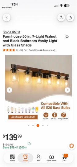 Shop HKMGT Farmhouse 50 in. 7-Light Walnut and Black Bathroom Vanity Light with Glass Shade