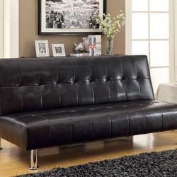 Brand New Black  Leather Futon Sofa Sleeper With Pockets 