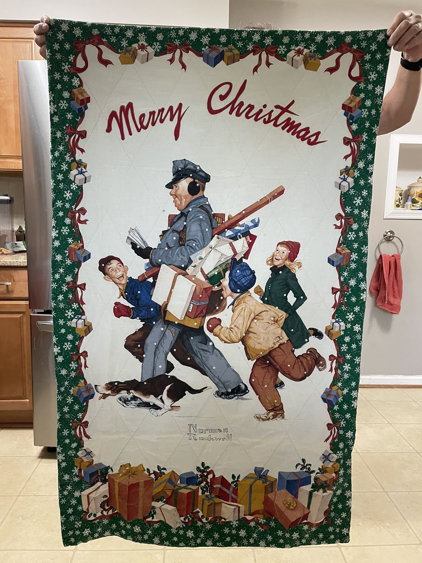 Vintage Norman Rockwell Merry Christmas Quilt (Measures 33 Inches Wide And 56 Inches Long)