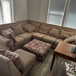 Large 7 Seater Beige Sectional Sofa Set + Ottoman — Nailhead Trim, Very Comfy