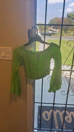 Green Smocked Crop Top with Bell Sleeves