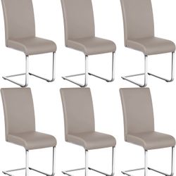 Dining Chairs Set of 6 Modern Faux Leather Upholstered Dining Room Chairs with High Back and Metal Chrome Legs for Kitchen/Living Room/Restaurant, Lig