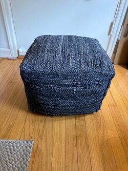 Charcoal-Blue Woven Cube Pouf Ottoman – Boho Footrest