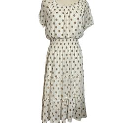 Kate & Lily Women's Polka Dot Midi Dress White/Brown, Size 14P, Ruffled, Elastic