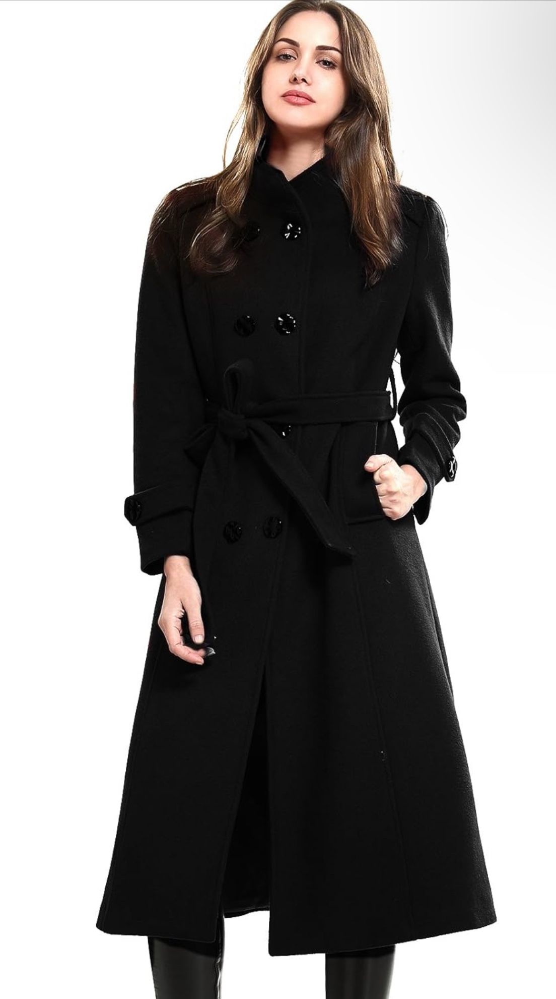 Women's Wool Trench Coat Winter Jacket with Belts , Black