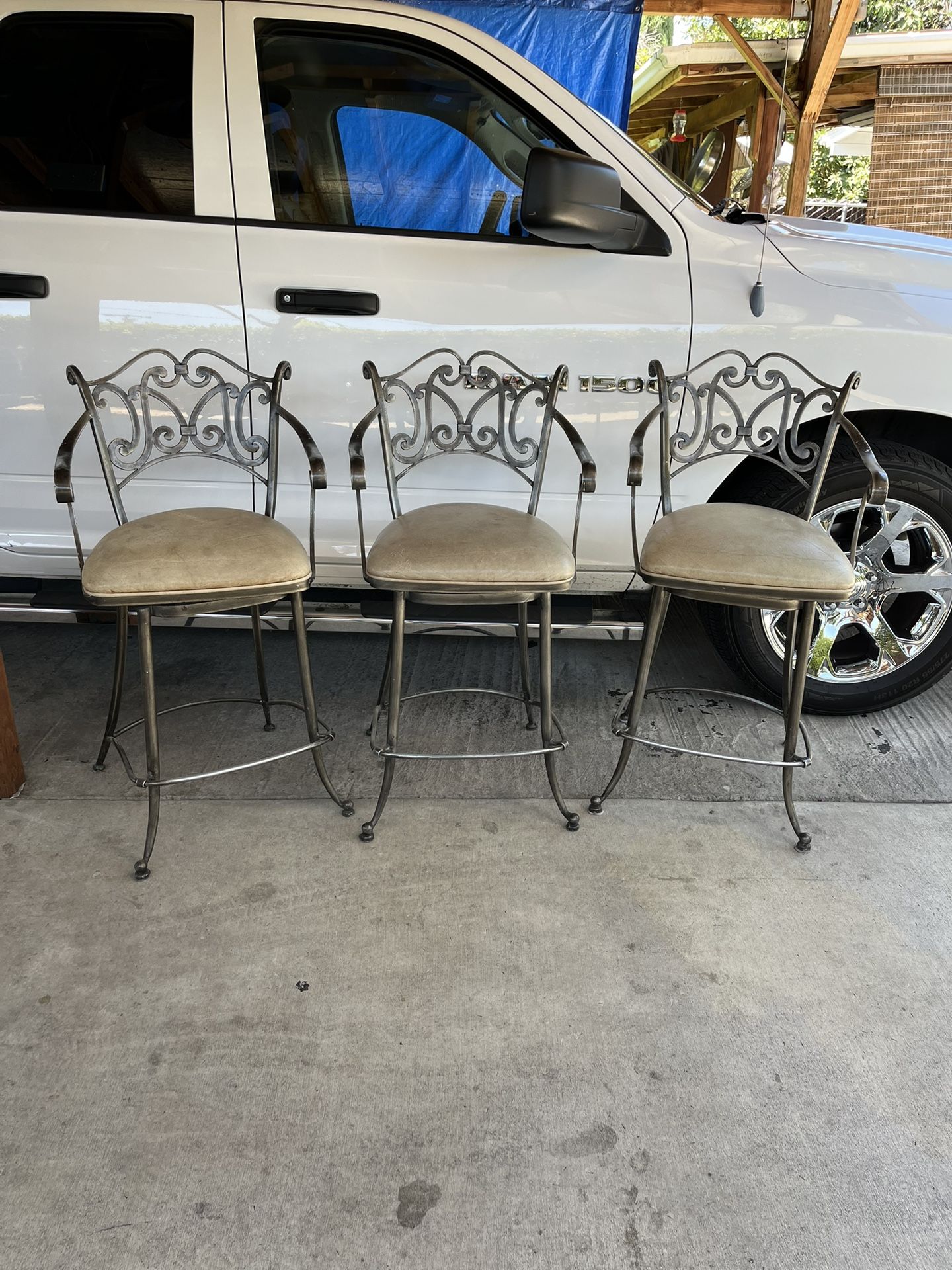 3 Wrought Iron bar Stools Swivel 41” H 21 W