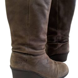 Keen Akita Brown Leather Mid Calf Pull On Wedge Boots Women's Size 7.5