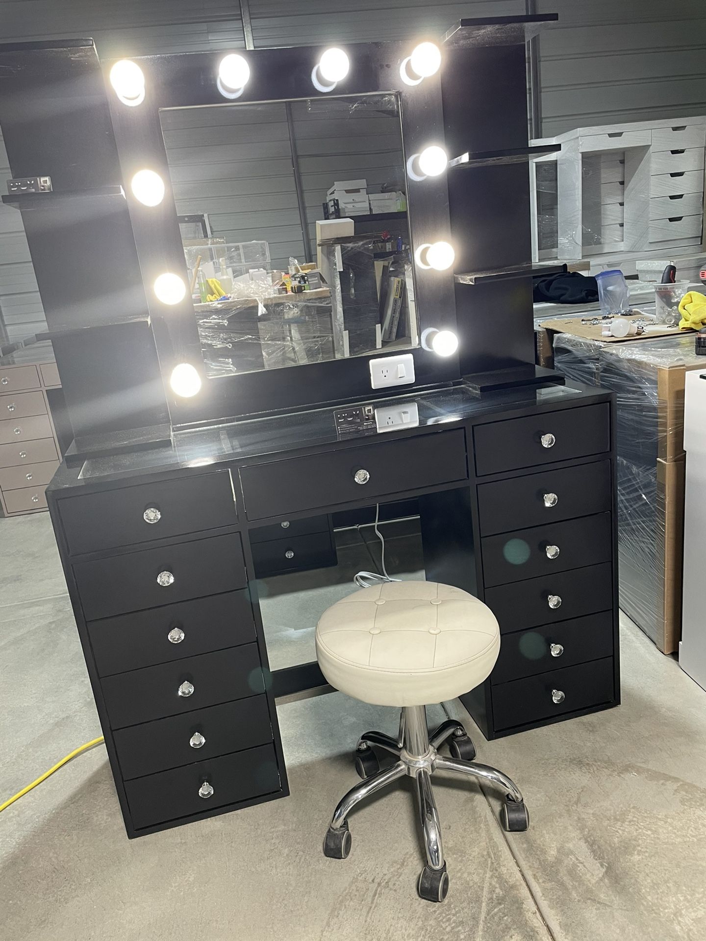 Black Makeup Vanity With Hollywood Mirror And Shelves for Sale in