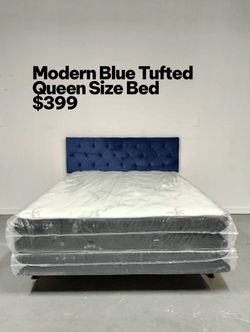 Queen Size Bed $399 ✨ Includes headboard, frame, and mattress! Gorgeous blue tufted headboard with a modern look. Perfect for any bedroom style.  🛏️ 
