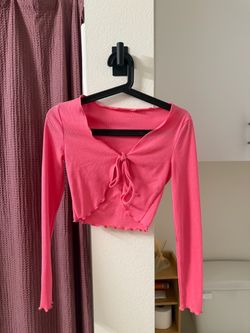 Pink Ribbed Long Sleeve Crop Top front tie Size S