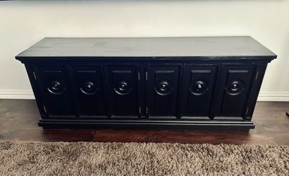 Vtg Black Oak Wood Sideboard Buffet, 6-Door Raised Panel Freestanding Cabinet