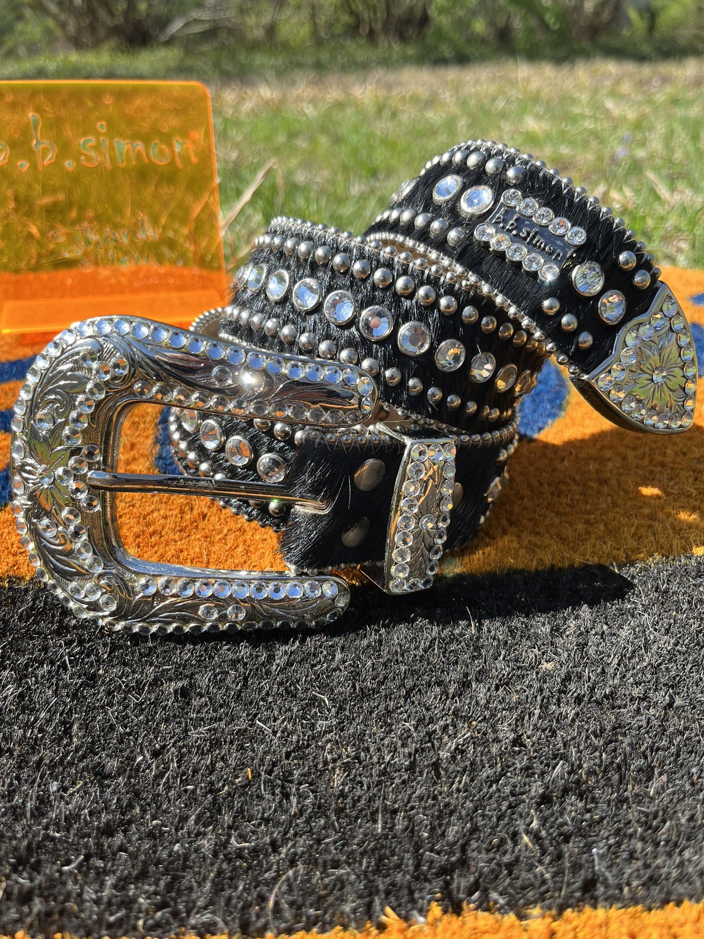 BB Simon Swarovski Crystal Leather Belt In Black