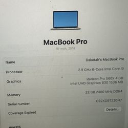 MacBook Pro 15-inch 2018 i9 32GB RAM Radeon 560X