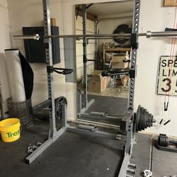 Full Home Gym Setup – Squat Rack + 45lb Barbell + 255lb Plates + Extras