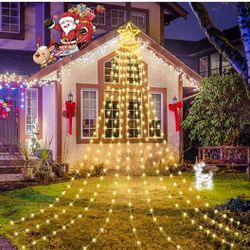 Aialun Outdoor Christmas Decorations Star Lights, 344 LED 11.5FT Tree Waterfall Waterproof Light with Star Topper, 8 Modes Memory Plug in Yard Light D