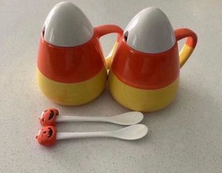 2 LIKE NEW CANDY CORN MUGS WITH SPOON