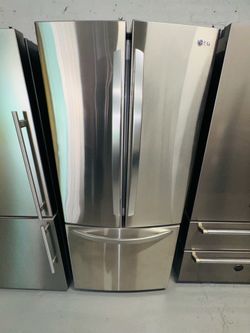LG stainless steel refrigerator (30" x 67" x 29"); includes a receipt for a 90-day warranty.