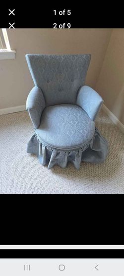 Blue Damask Upholstered Accent Chair with Ruffle Skirt