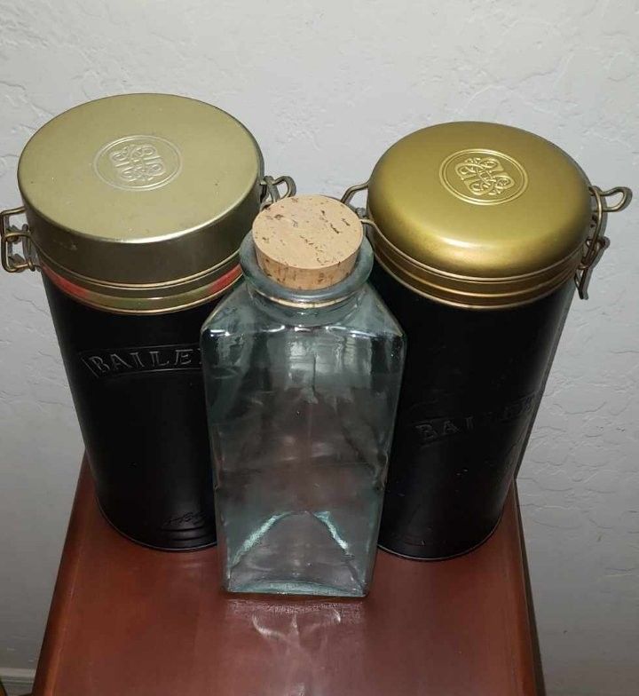 X3 VINTAGE METAL BAILEYS STORAGE CONTAINER TRIANGULAR GLASS JAR BOTTLE CORK LID TOP