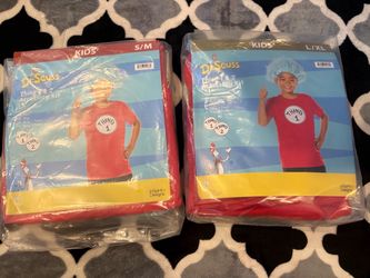 Thing 1& 2 costume kit includes shirt, wig, 2 patches. Kids Size S/M and L/XL