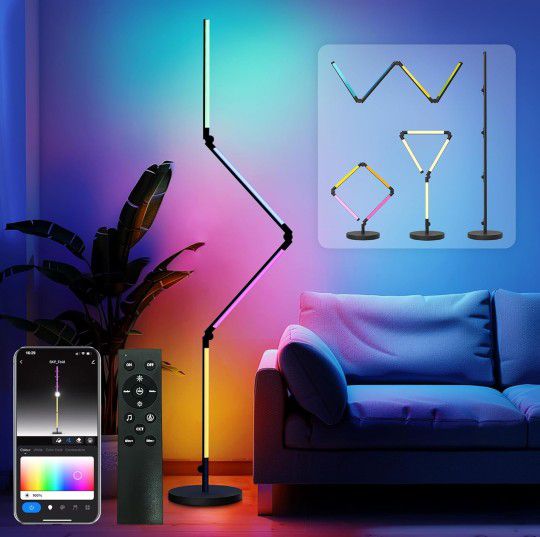 Foldable Corner Floor Lamp with Remote, Smart RGB LED Floor Lamp with Music Sync and 16 Million DIY Colors, Dimmable, Timer Setting for Living Rooms, 