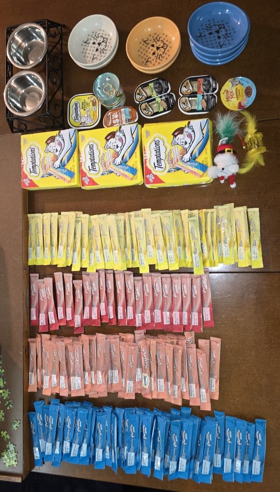 CAT FOOD, TREATS, BOWLS, LITTER
