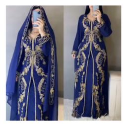 Size Medium Blue Gown/Dress With Gold Beads