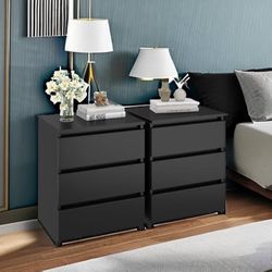 Nightstand Set of 2 Black Nightstand with 3 Drawers, Black Bedside Table Night Stand for Bedroom with Cut-Out Handle, Sofa Side Table 3 Drawer Nightst
