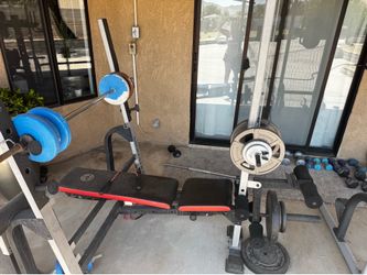 Weight Bench with Barbell and Weight Plates