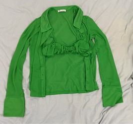 Zara green button-up blouse with bra attached