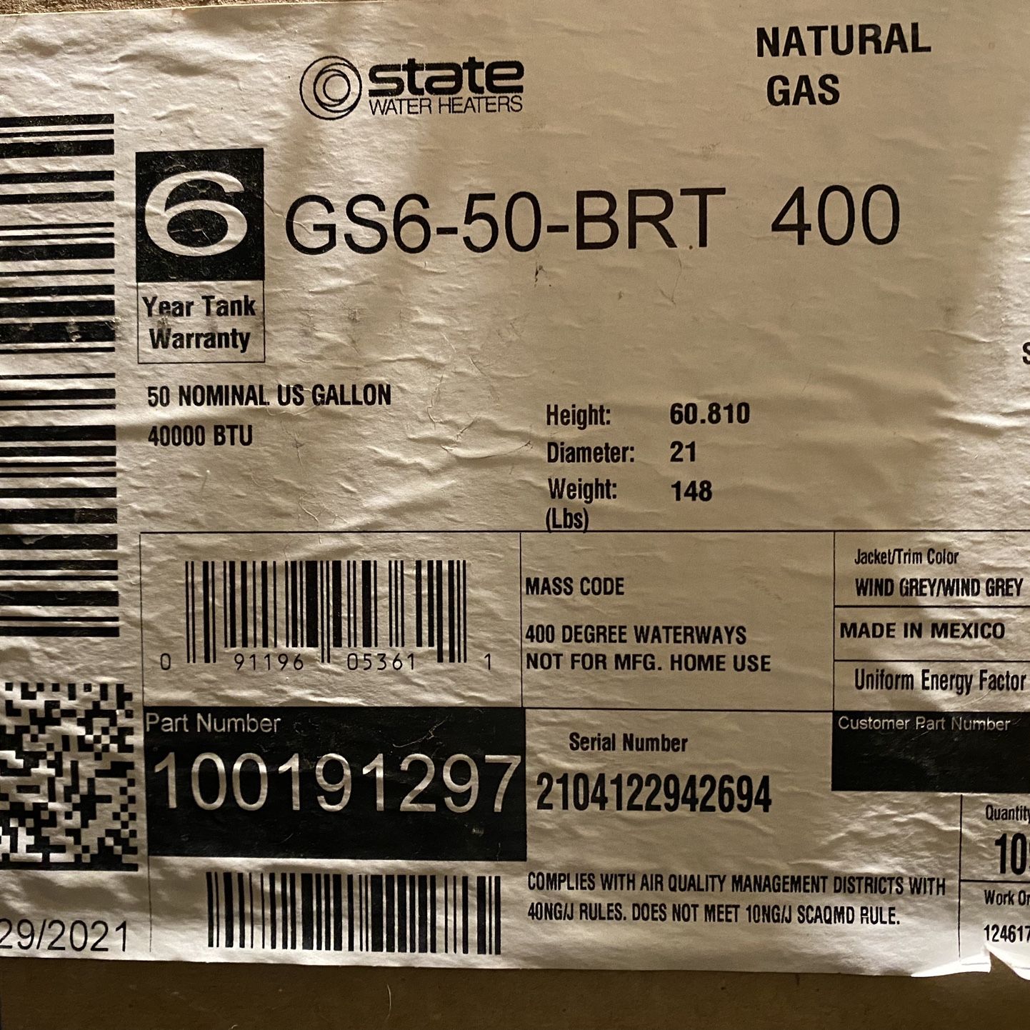 NEW! WATER HEATER GS6-50-BRT-400 50 Gallon Natural Gas 40,000 BTU IPH (REPL  GS6-50-YBRT) Unopened New In Box! for Sale in Ruidoso Downs, NM - OfferUp