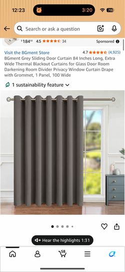 BGment Grey Sliding Door Curtain 84 Inches Long, Extra Wide Thermal Blackout Curtains for Glass Door Room Darkening Room Divider Privacy Window Curtai