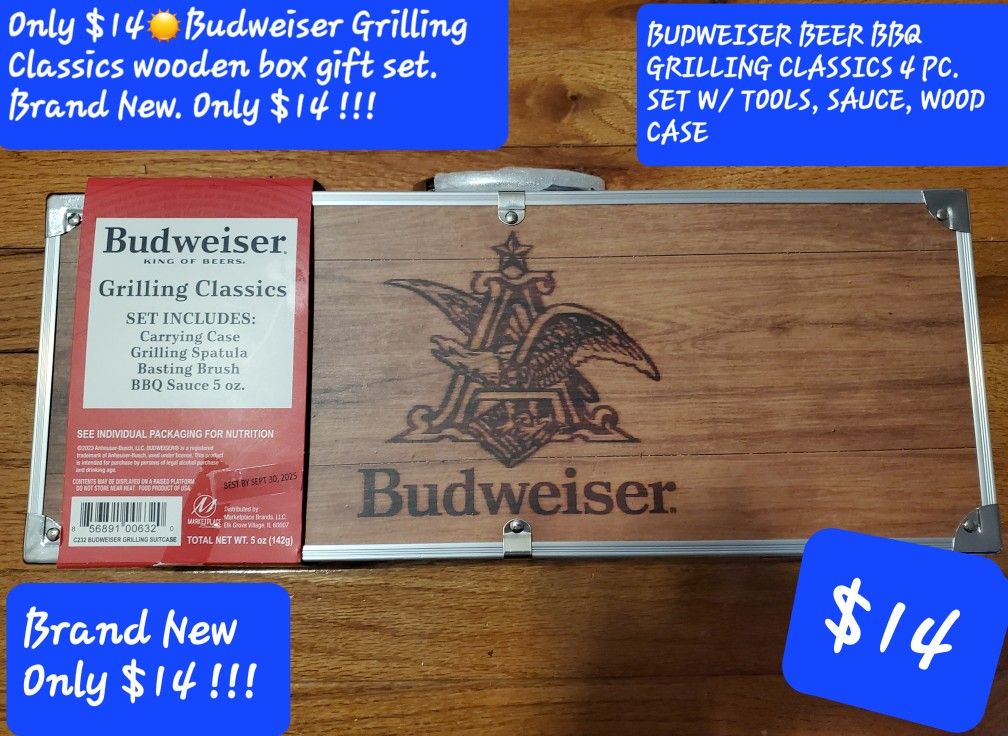 $14☀️Budweiser Grilling Classics wooden box gift set. Brand New. Only $14 !!!
