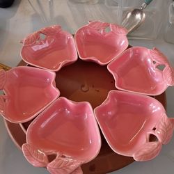 Vintage MCM Pottery Hoenig Of CA Pink Apple Snack Dishes 