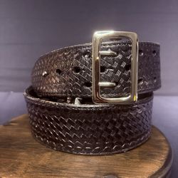JS Leather Duty Belt Size 36" Black Basket Weave Chrome Brass Buckle Sam Browne